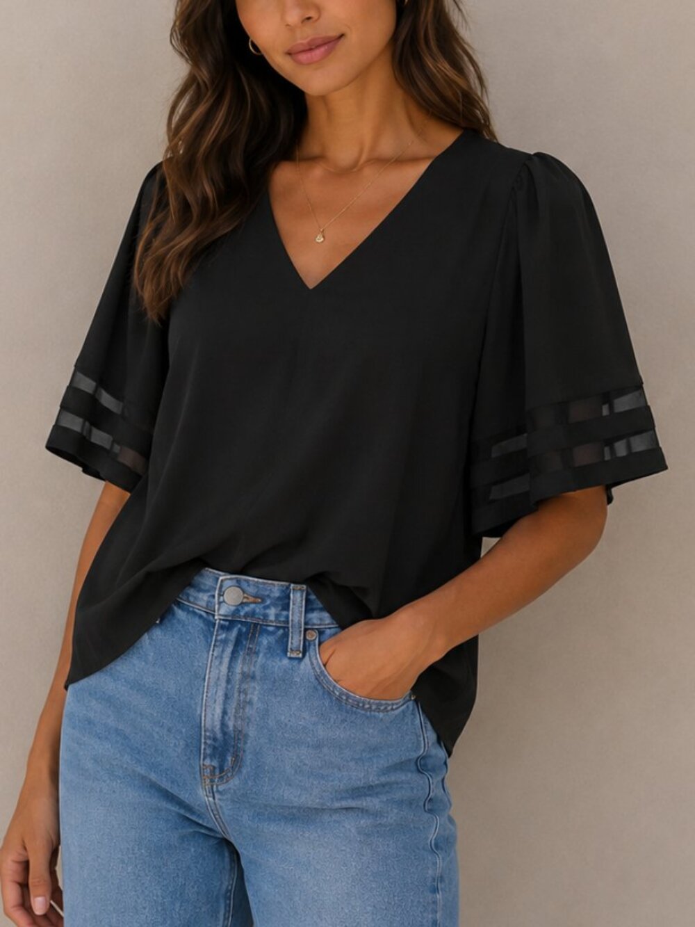 V-Neck Women's Top with Sheer Tiered Sleeves (Black)